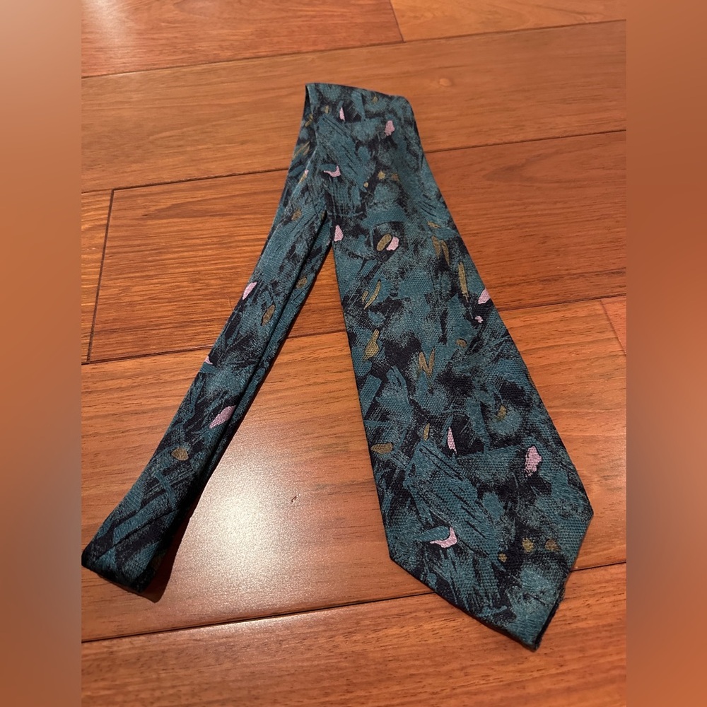 Canali Dark Teal, Black, and Grayish Pink Patterned Tie 100% Silk Made in Italy